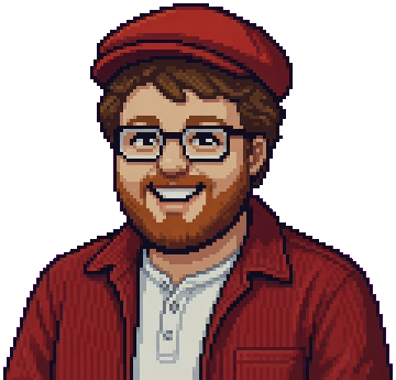 Ben, in pixel art: red cap, red corduroy overshirt, glasses and a ginger beard