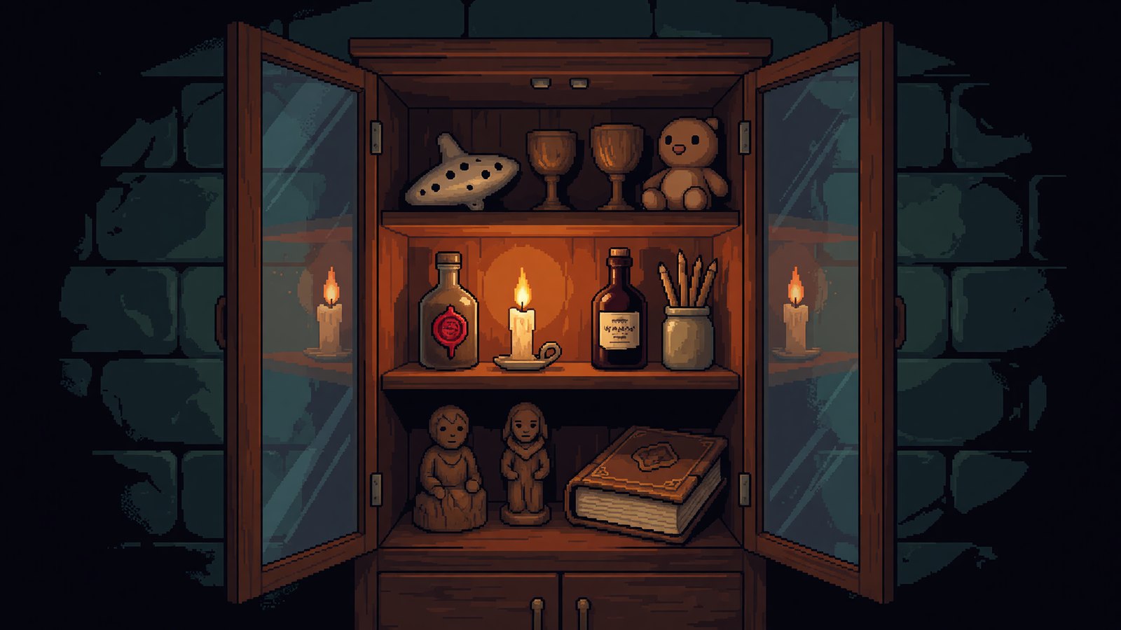 A glass curiosity cabinet with its doors open, lit from inside: an ocarina, wooden goblets, a teddy bear, bottles of port, pencils in a jar, carved figures and a clothbound book.
