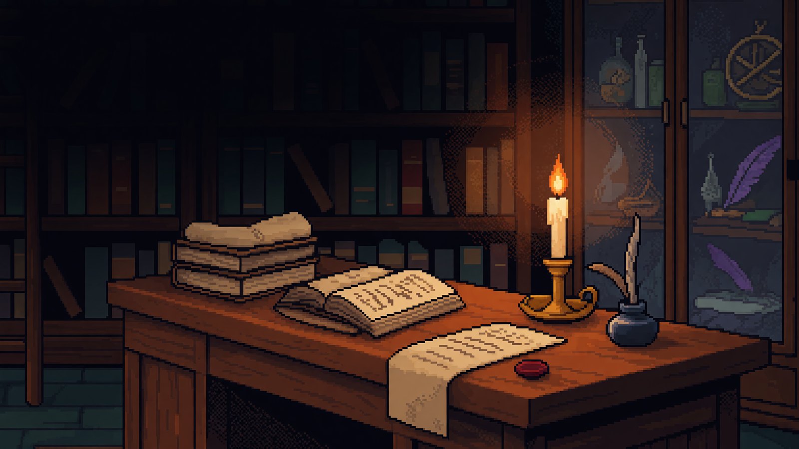 A heavy wooden writing desk by candlelight: an open manuscript, papers tied with string, an inkwell and quill, a red wax seal.