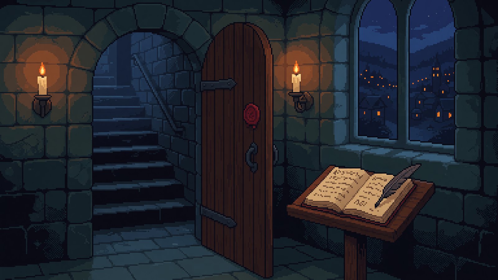 A heavy door ajar onto a winding stone stair, a window onto a valley of distant lit windows at night, and an open guestbook on a lectern.