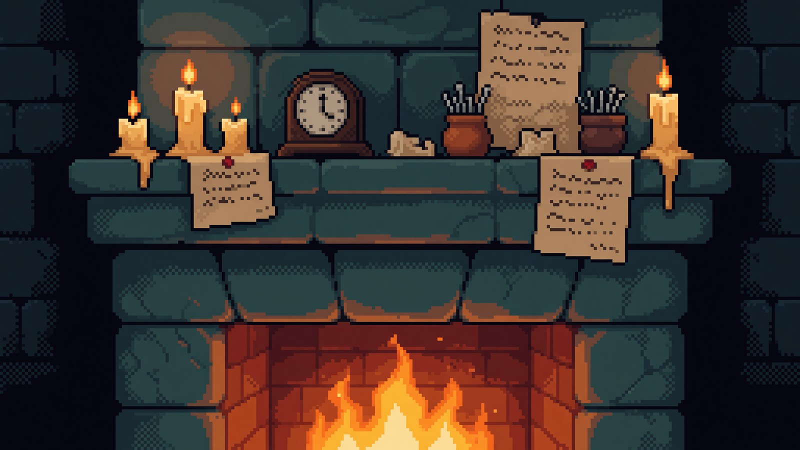 A stone fireplace with notes and scraps of paper pinned along the mantelpiece, a clock and candle stubs, the fire glowing below.