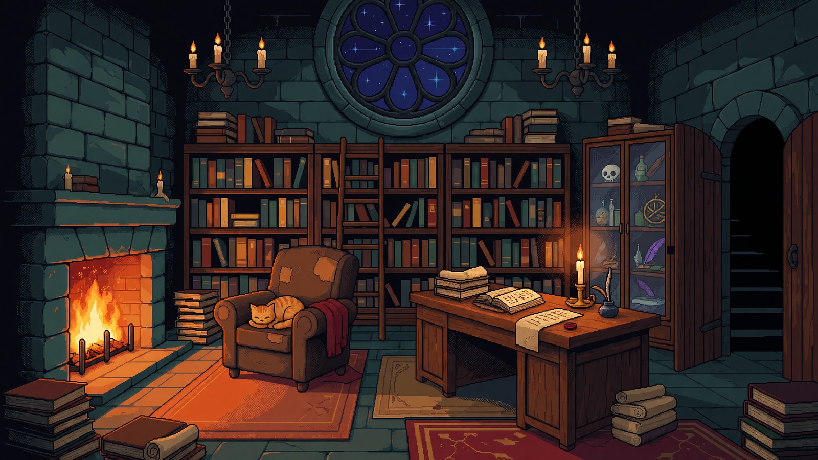 A warm reading room inside a castle library at night: a fire burning on the left, a worn armchair with a sleeping ginger cat, tall bookshelves with a ladder, a round rose window full of stars, a writing desk with a candle, a curiosity cabinet, and a door open onto a stair.