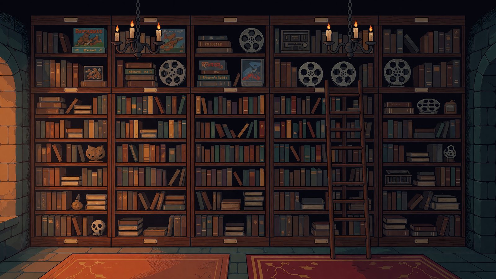 A wall of castle library shelves crammed with books, game boxes and film reels, with a rolling ladder and candelabra.