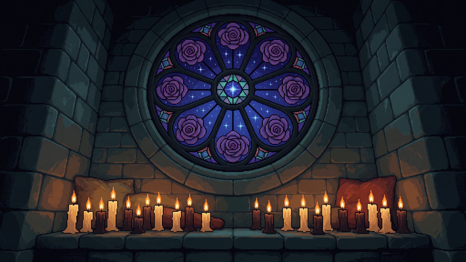 A great round rose window at night, stars beyond, with a cushioned window seat and a row of small candles along the sill.